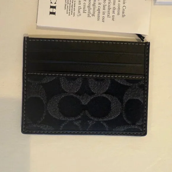 Coach Black Leather Signature C Denim SLIM ID Card Case Wallet CAJ47 - Picture 2 of 15